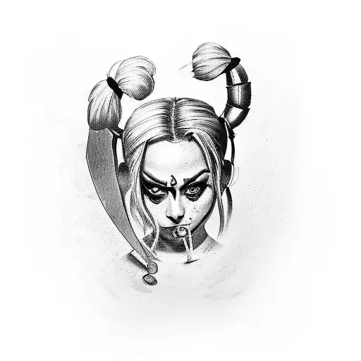 A detailed tattoo of a Harley Quinn-inspired dish being prepared in a chef's kitchen tattoo design idea