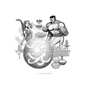 A culinary-themed collage featuring iconic Marvel characters enjoying a meal together tattoo design idea