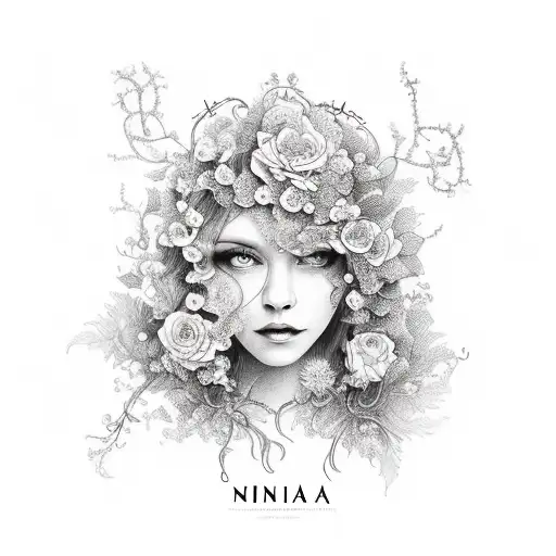 "Nina" in delicate script font intertwined with elegant vines and flowers tattoo design idea