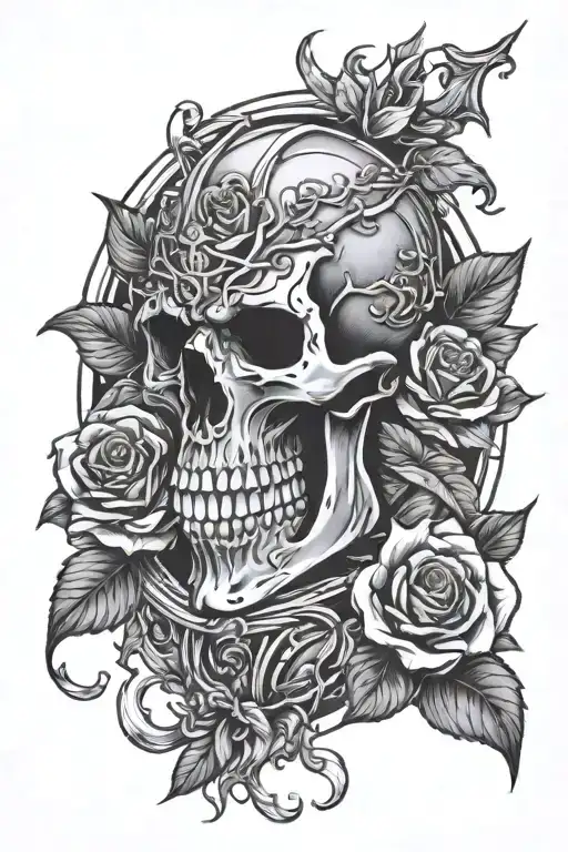 Skull knight with roses blooming tattoo design idea
