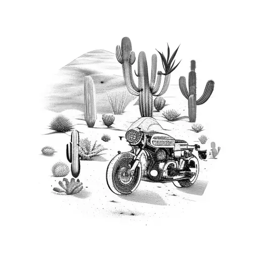 A motorcycle speeding through a desert landscape filled with cacti tattoo design idea