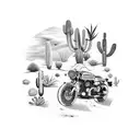 A motorcycle speeding through a desert landscape filled with cacti tattoo design idea