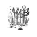 A motorcycle speeding through a desert landscape filled with cacti tattoo design idea