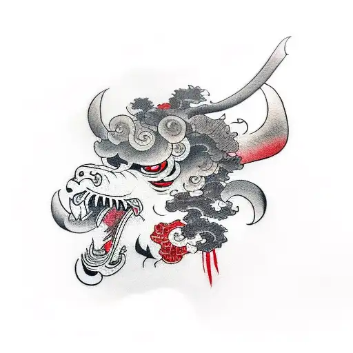 samurai head with japanese clouds around tattoo design idea