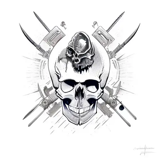 A skull made up of various weapons and tools with 'Killer' engraved on the forehead tattoo design idea