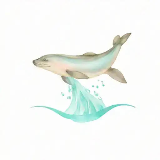 playful seal pup jumping salmon in waterfall tattoo design idea