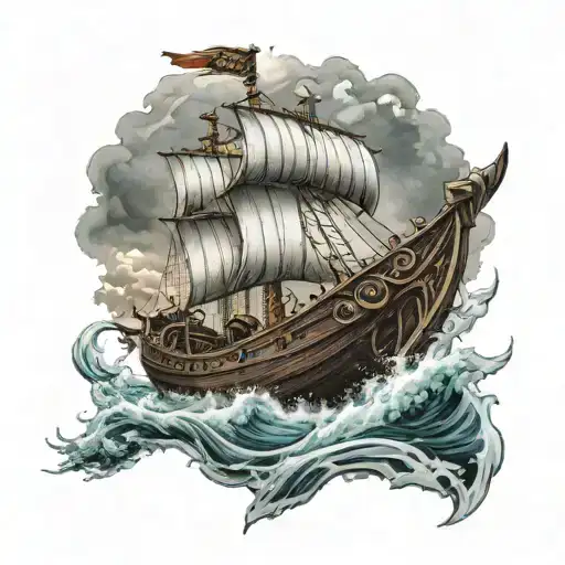 Viking longship sailing through stormy seas with Thor's hammer Mjolnir striking lightning in the background tattoo design idea