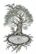 A detailed tattoo of Yggdrasil, the World Tree from Norse mythology, with Fenrir the wolf wrapped around its roots, symbolizing the cycle of life and death tattoo design idea