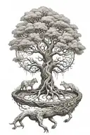A detailed tattoo of Yggdrasil, the World Tree from Norse mythology, with Fenrir the wolf wrapped around its roots, symbolizing the cycle of life and death tattoo design idea