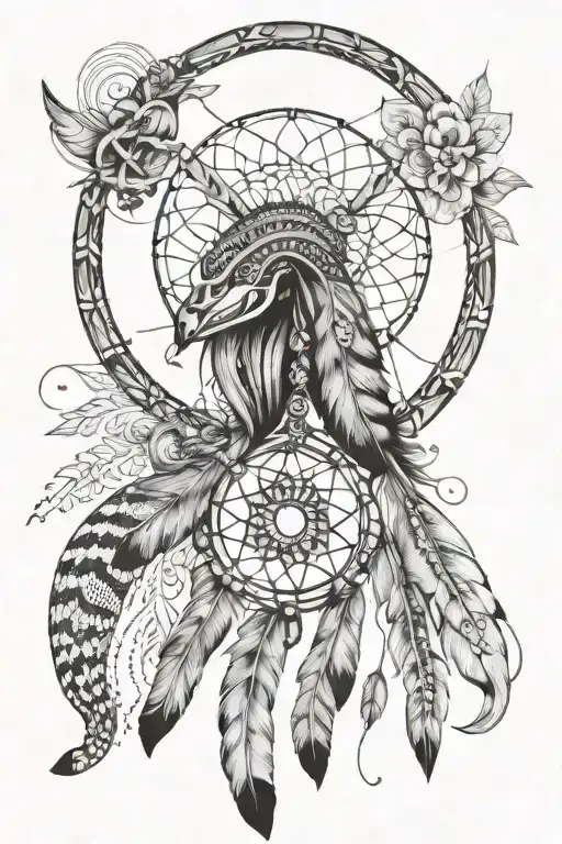 native American, dream catcher, feather, snake tattoo design idea