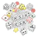 dice on which "risk" is written in English, next to them are playing cards and chips, made in one composition tattoo design idea