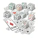 dice on which "risk" is written in English, next to them are playing cards and chips, made in one composition tattoo design idea