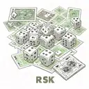 dice on which "risk" is written in English, next to them are playing cards and chips, made in one composition tattoo design idea