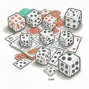dice on which "risk" is written in English, next to them are playing cards and chips, made in one composition tattoo design idea