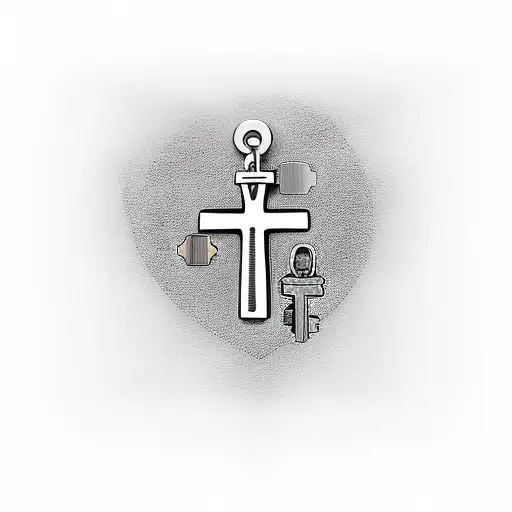 A minimalist tattoo of a cross made out of car keys, symbolizing the client's Catholic faith and their love for cars tattoo design idea