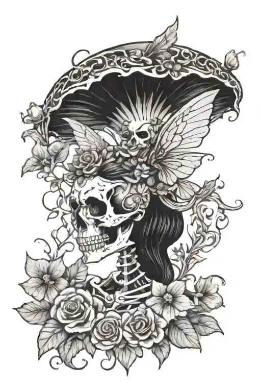 fairy skeleton with flowers mushrooms and vines tattoo design idea