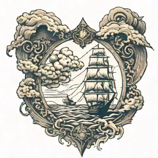 ship sailing through stormy with hourglass filled with sand  tattoo design idea