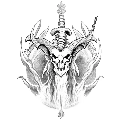 baphomet with a goat's skull instead of a head sits on a throne and next to him are 2 riders in black hoods tattoo design idea