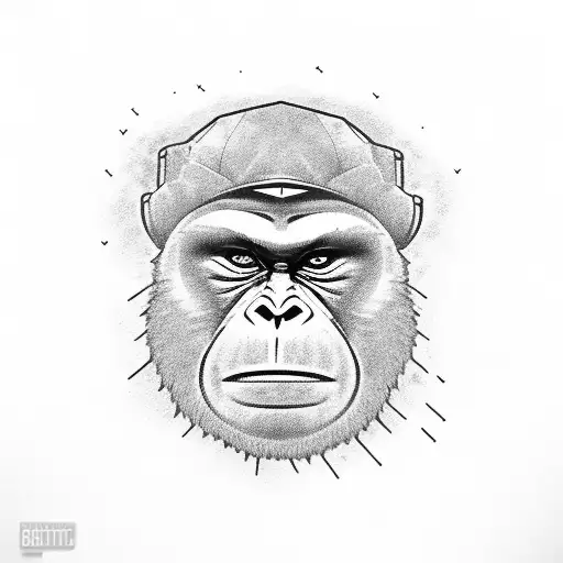 fat agressive monkey with AK-47, destroed building on the background, smoke purp tattoo design idea