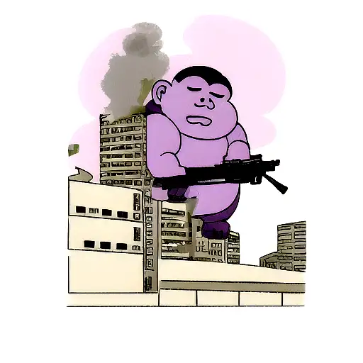fat agressive monkey with AK-47, destroed building on the background, smoke purp tattoo design idea
