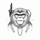 fat agressive monkey with AK-47, destroed building on the background, smoke purp tattoo design idea