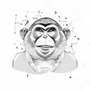 fat agressive monkey with AK-47, destroed building on the background, smoke purp tattoo design idea