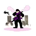 fat agressive monkey with AK-47, destroed building on the background, smoke purp tattoo design idea