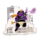 fat agressive monkey with AK-47, destroed building on the background, smoke purp tattoo design idea