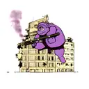 fat agressive monkey with AK-47, destroed building on the background, smoke purp tattoo design idea