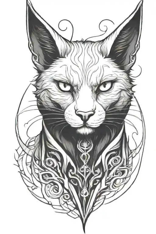 Lucifer cat with goat horns and fangs looking forward gohtic tattoo design idea