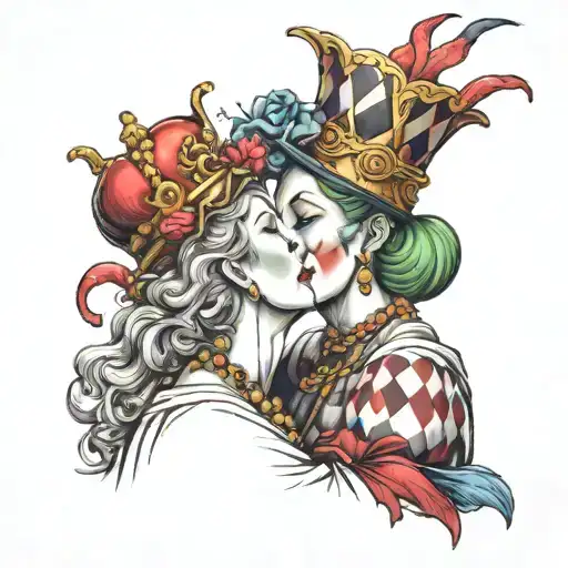female jester kissing the queen tattoo design idea