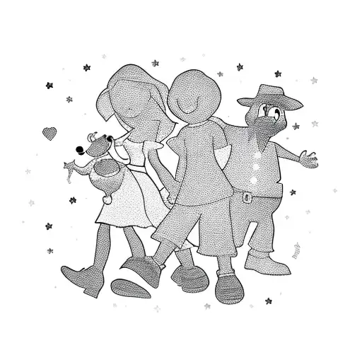 A silhouette of a mother and son holding hands, surrounded by Disney characters tattoo design idea