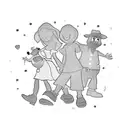 A silhouette of a mother and son holding hands, surrounded by Disney characters tattoo design idea