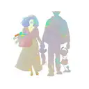 A silhouette of a mother and son holding hands, surrounded by Disney characters tattoo design idea