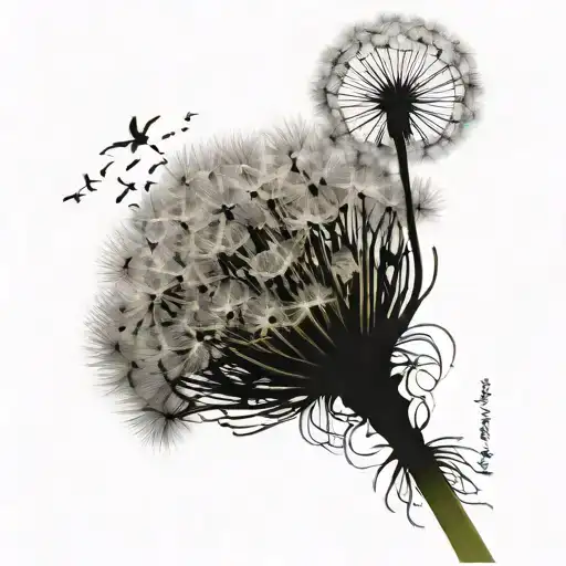 Dandelion blowing away with writing that says "Laat die wind my neem..." tattoo design idea