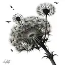 Dandelion blowing away with writing that says "Laat die wind my neem..." tattoo design idea