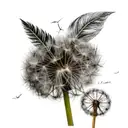 Dandelion blowing away with writing that says "Laat die wind my neem..." tattoo design idea