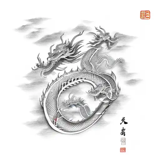 2 chinese dragons flying around each other in the sky protecting a cross on a mountain tattoo design idea