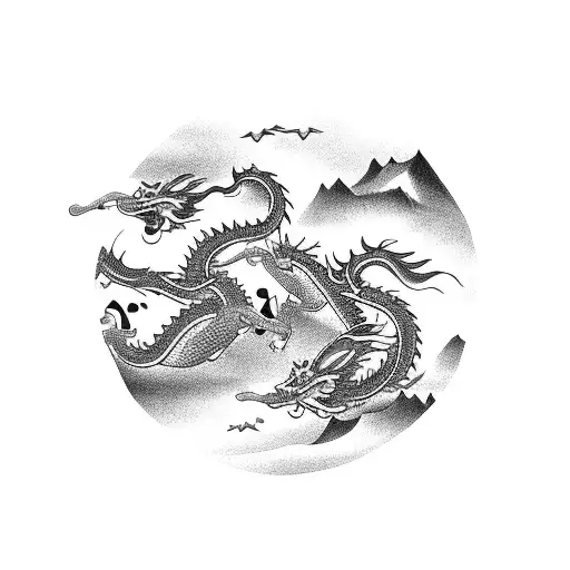 2 chinese dragons flying around each other in the sky protecting a cross on a mountain tattoo design idea