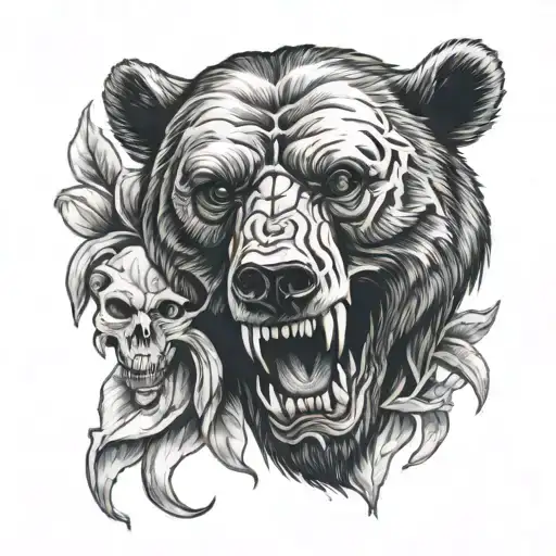 Bear head with teeth covers a human skull  tattoo design idea