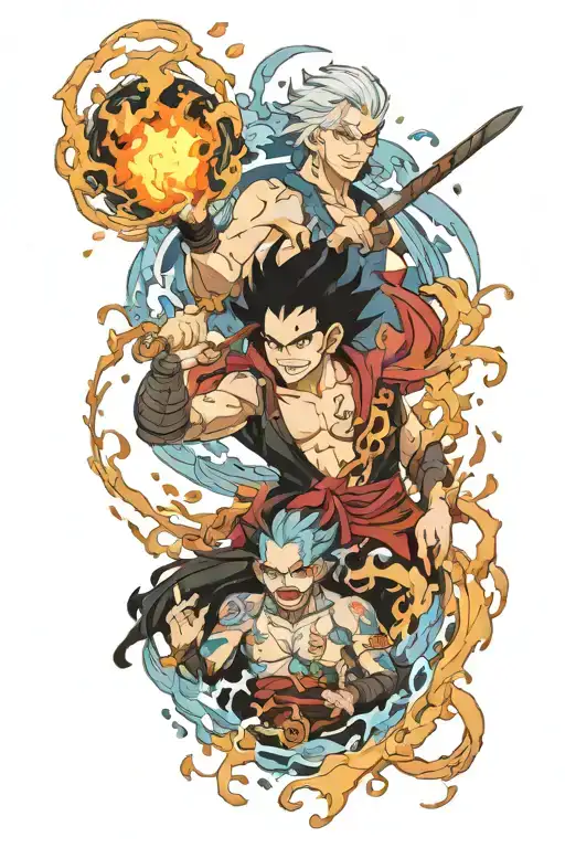 combine zues Poseidon and hades with the art style of demon slayer with water, fire, and thunder breathing, for each god tattoo design idea