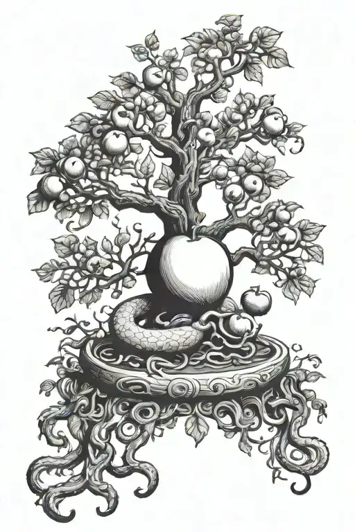 the tree of knowledge with a serpents body and eves hand reaching for the apple tattoo design idea