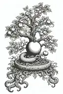 the tree of knowledge with a serpents body and eves hand reaching for the apple tattoo design idea