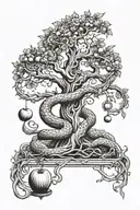 the tree of knowledge with a serpents body and eves hand reaching for the apple tattoo design idea