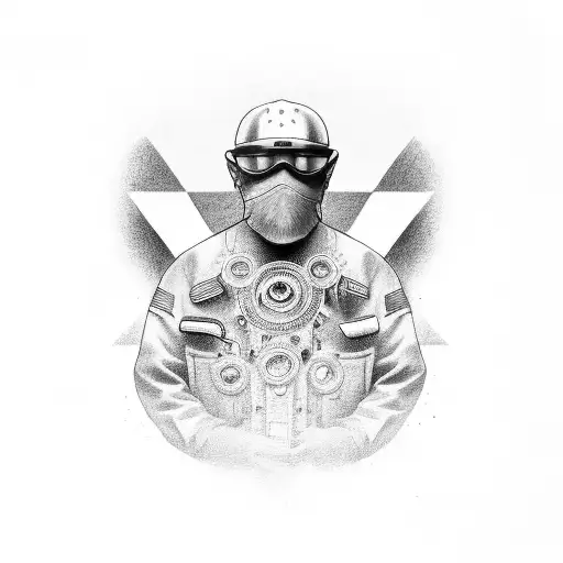 Design a black-grey portrait of a master craftsman working on a motorcycle tattoo design idea