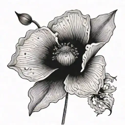 Surrealistic interpretation of a Poppy flower with 'PACE' hidden within the petals tattoo design idea
