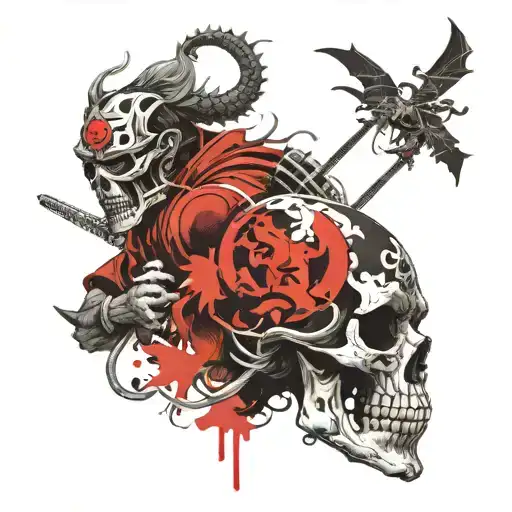 Asian smoke dragon and samurai skull warrior tattoo design idea