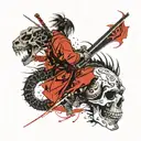Asian smoke dragon and samurai skull warrior tattoo design idea