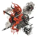 Asian smoke dragon and samurai skull warrior tattoo design idea