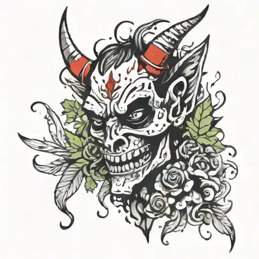 A sad devil emoji smoking weed with little heartbroken emoji flying around its horn tattoo design idea